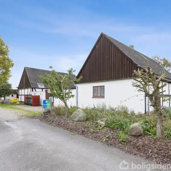 To hvide huse med brune tage står i et landligt område omgivet af træer og grusvej. Der er en græsklædt have med spredte sten og en klar blå himmel.