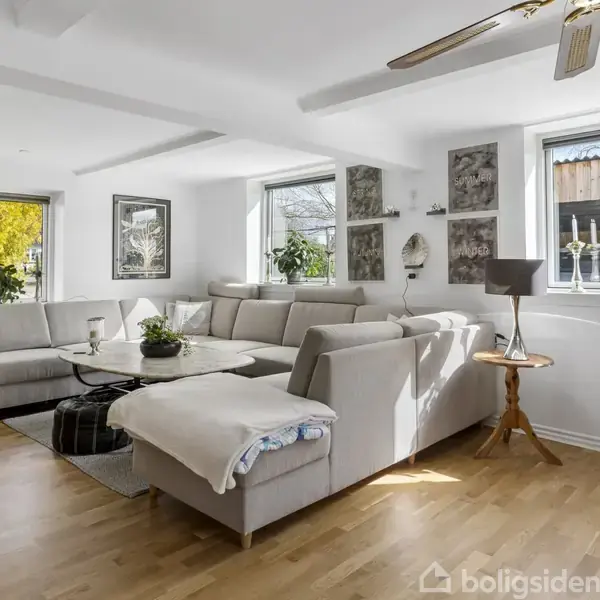 En stor, grå hjørnesofa står i et lyst rum med trægulv, omgivet af grønne planter og billeder på væggene. Et loftventilator hænger over sofaen.