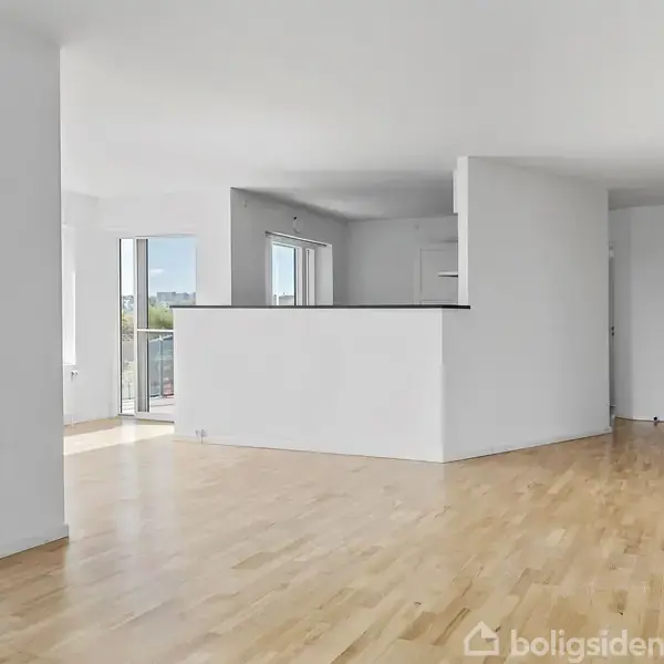 Lyst rum med trægulv, stort vinduesparti og hvidmalede vægge. Indretningsvæg adskiller områder med køkken og rummet har adgang til en balkon med udsigt.