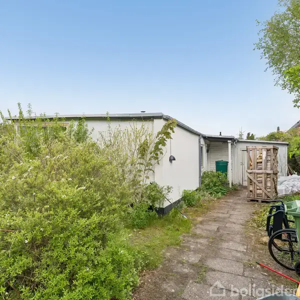 Hus set bagfra omgivet af frodige buske. Sti fører til bagdør, hvor der står en cykel og affaldsbeholder. Himlen er klar og blå.