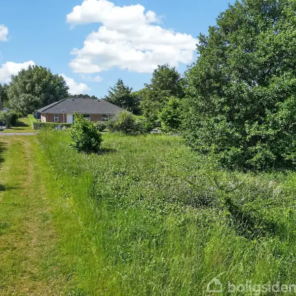Græsareal grænser op til en sti, med en baggrund af huse og træer under en delvist overskyet himmel.