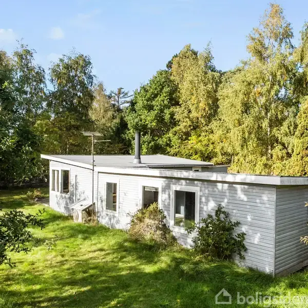 Et gråt træhus står stille omgivet af frodige træer og grønne buske i et skovklædt område. Sollys bader huset og den omkringliggende græsplæne.