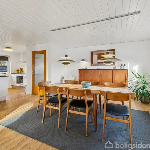 En stor spisebord med seks stole står på et tæppe i en lys spisestue. Der er planter på gulvet og et skab med dekorationer. Køkken ses i baggrunden.