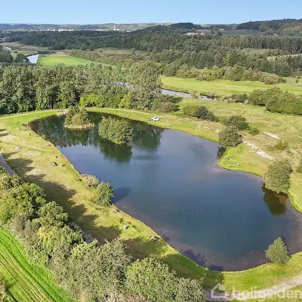 Sø omgivet af grønne træer reflekterer himlen, med et åbent græsareal i baggrunden. En vej snor sig gennem landskabet, som er kuperet og frodigt.