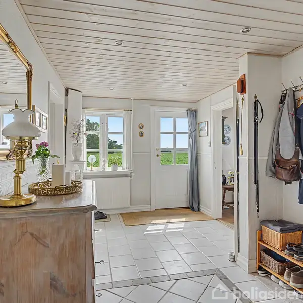 En entré med en kommode til venstre, spejl og lampe. På højre side hænger jakker og sko i et skostativ. Foran ses en dør med glasindlæg, der åbner ud til en grøn udsigt.