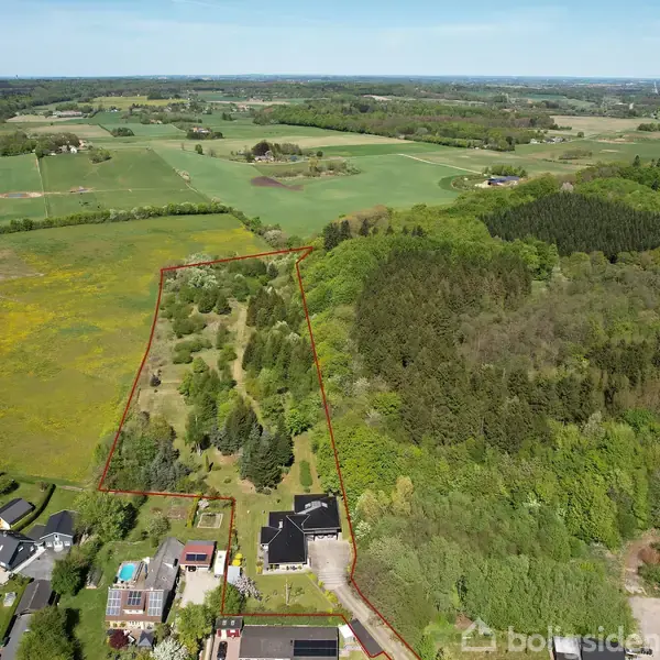 Landareal omgivet af skov og marker med enkelte træer, set fra luften. Et hus med tilhørende bygninger ligger i forgrunden langs en vej.