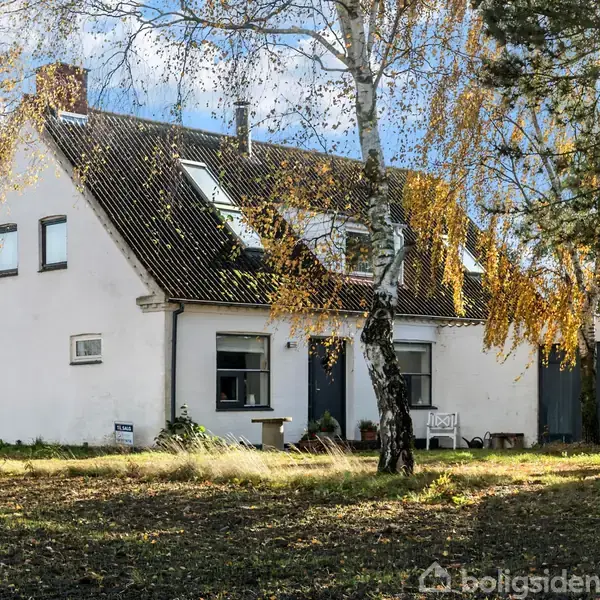 Hvidt hus med brungråt tag står i en have omkranset af løvfældende træer med efterårsblade. Ruder reflekterer himlens lys, og dør indikerer indgang på siden af huset.