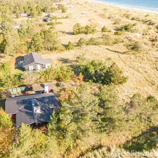 Huse ligger blandt træer og buske i et åbent, sandklitlandskab nær kysten, med havet i baggrunden.