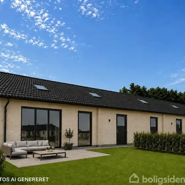 Rækkehus med sorte tagsten og store vinduer står i sollys. Foran er en terrasse med sofa og bord på græsplæne, omgivet af hæk. Blå himmel med skyer i baggrunden.