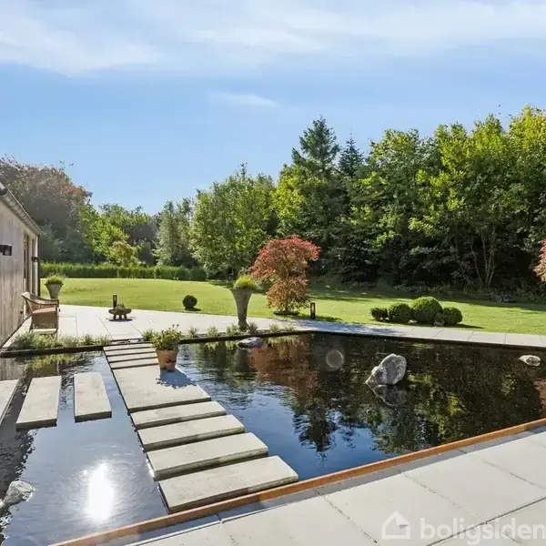 En moderne bygning med store glaspartier reflekteres i en dekorativ havedam med sten og vandplanter. Omkringliggende fliser komplementerer de minimalistiske omgivelser.