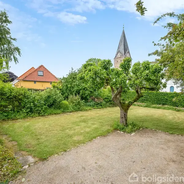 Træ står på en grusbelagt haveplads, omgivet af grønne buske og en græsplæne. I baggrunden ses en rød husgavl og en kirkespir under en blå himmel.