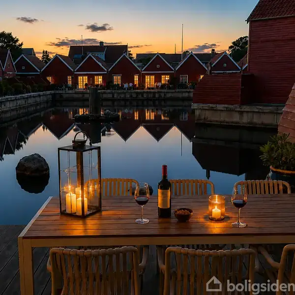 Lanternen står på træbordet, omgivet af vinglas og en vinflaske, ved kanalen i skumringen med røde bygninger reflekteret i vandet og en rolig aftenhimmel.