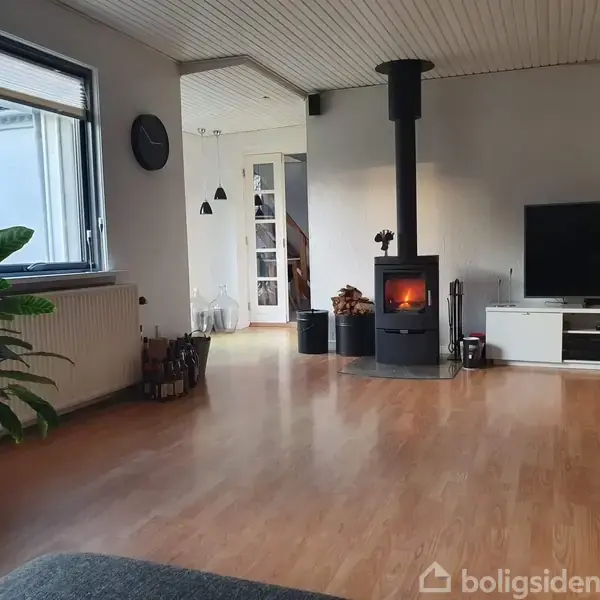 Brændeovn opvarmer stue med trægulv; en stor plante ved vinduet, TV på lavt bord, og glasdør fører til anden sektion. Ingen tekst i billedet.