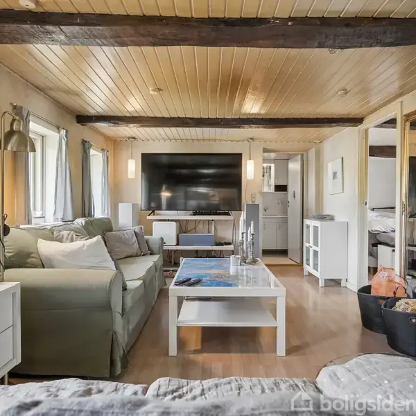 Stue med grøn sofa og sofabord i midten, placeret foran en stor fladskærmstv. Trævægge, loftsbjælker og en brændeovn giver rummet et hyggeligt præg.