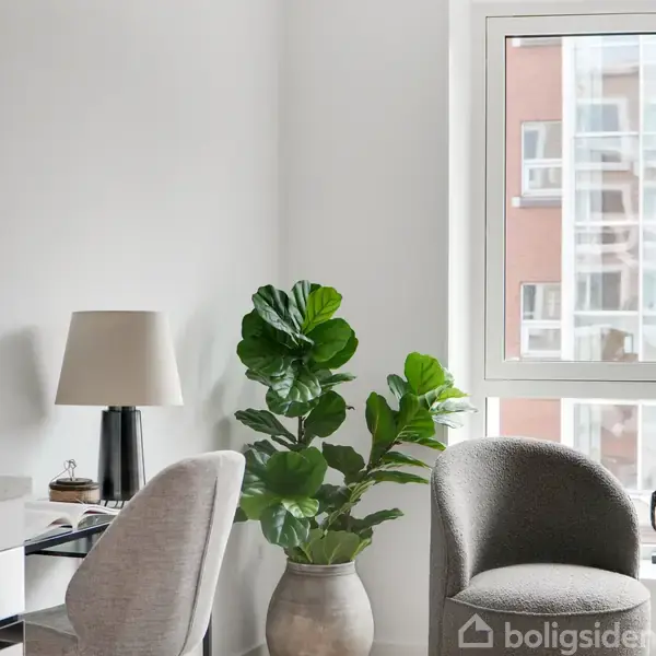 En grøn plante står ved siden af et hvidt skrivebord med en lampe, omgivet af grå stole. Store vinduer lader naturligt lys strømme ind i det moderne rum.