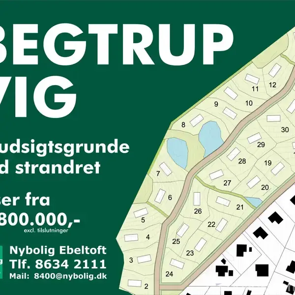 Bektrup Vig grunde vises numreret på kort i grønne omgivelser. Tekst: "BEGTRUP VIG 30 udsigtsgrunde med strandret. Priser fra kr. 800.000,- excl. tilslutninger. Nybolig Ebeltoft Tlf. 8634 2111 Mail: 8400@nybolig.dk".