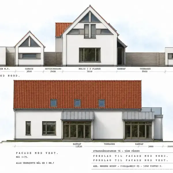 Billedet indeholder arkitekttegninger af to husfacader med mål. Øverste tegning: Facade mod nord viser bolig med to plan, garage, og terrasse. Nederste tegning: Facade mod vest viser vinduer og døre samt tagdetaljer. Tekst inkluderer målangivelser samt adresse: Strandbasen 156, 3600 Frederikssund.