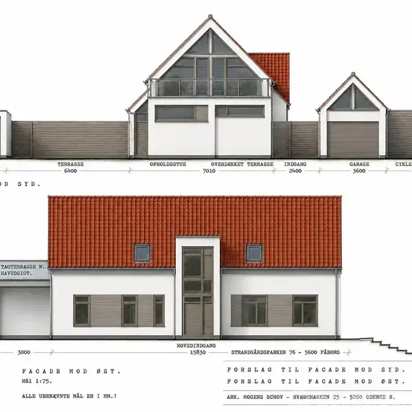 Bygning vist med to facader, en med gavl og moderne vinduer, og en med rødt tegltag og dør i midten. Tekst inkluderer: "Facade mod syd" og "Facade mod gyt." Arkitekt: Jens Holst Jensen.