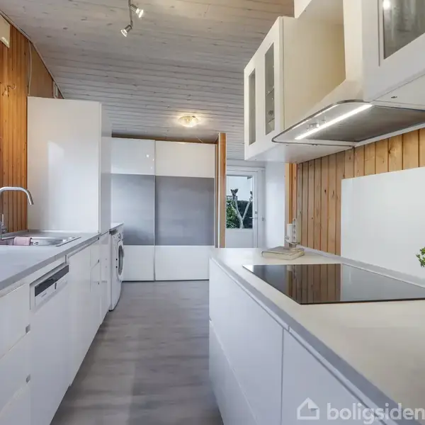 Køkken med hvide skabe og trævægge, moderne kogeplade og emhætte. Store vinduer giver naturligt lys og udsigt til træer. Plante og dekorative elementer på bordplade.