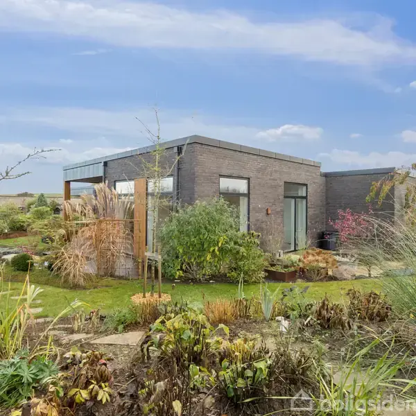 Et moderne hus i en have med forskellige planter og buske. Himlen er overskyet, og omgivelserne ser fredelige og naturlige ud.