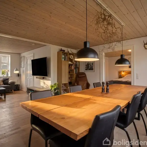 Træbord omkranset af sorte stole står midt i hyggeligt stueområde, med træloft og gulv, ved siden af sofa og vægmonteret TV. Dyrehoveder på væggen som dekoration.