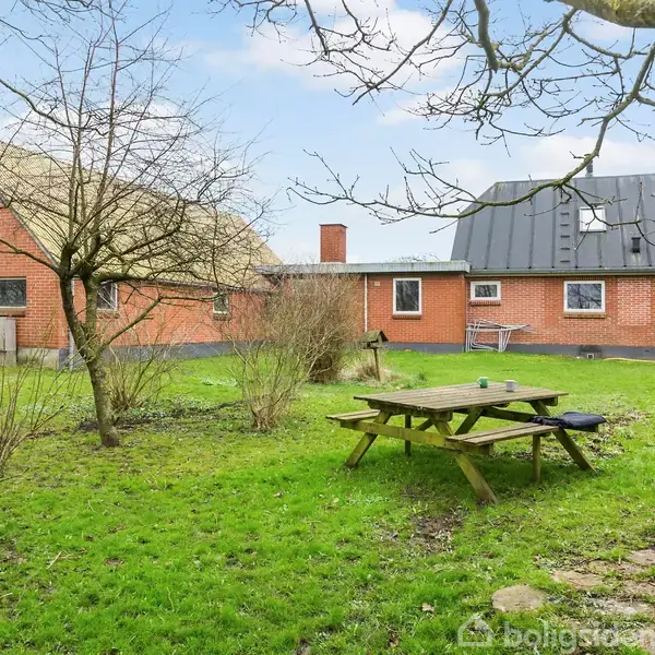 Træbord står på græsplæne. Omgivet af bar træer og buske. Røde murstensbygninger i baggrunden under en blå himmel.
