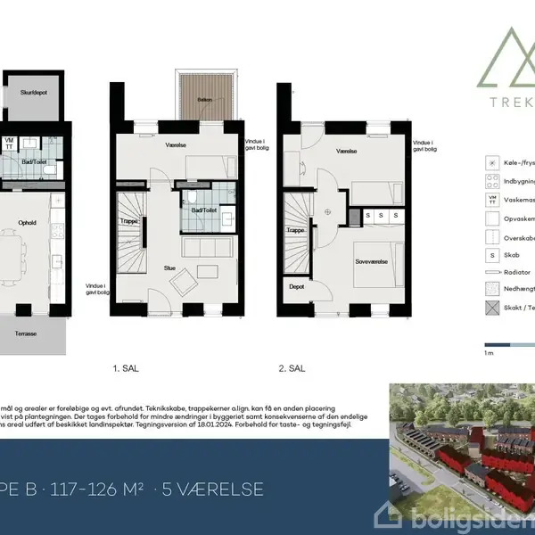 Plantegning af et tre-etagers hus med rumopdeling og møbleringsforslag. Diagrammer for stueplan, 1. sal og 2. sal. Tekst inkluderer: "TREKANTEN", "STUEPLAN", "1. SAL", "2. SAL", "BOLIGTYPE B : 117-126 M² : 5 VÆRELSE". Nederst til højre ses et billede af et boligkompleks.