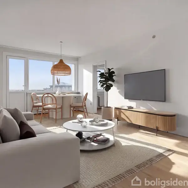 En stue med en grå sofa og et rundt sofabord på et tæppe. En TV-skærm hænger på væggen. I baggrunden ses et spisebord med stole nær et stort vindue. En plante står i hjørnet.