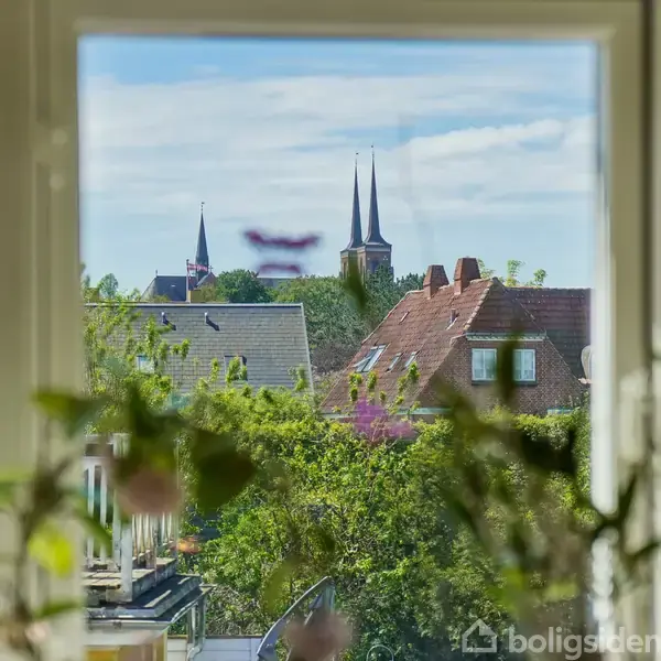En udsigt gennem et vindue viser kirketårne i det fjerne, omgivet af tage og frodige grønne træer. Indramningen inkluderer nogle blomster i forgrunden.