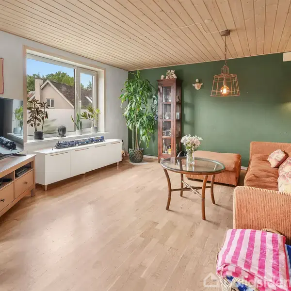Stue med sofa og sofabord, omgivet af grønne planter. Fjernsyn og mediemøbel står ved det store vindue med udsigt over nabohusene. Væggen er delvist grønmalet.