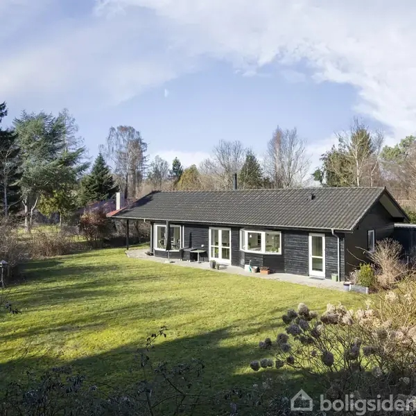 Et sort, étplans hus med store vinduer står midt i en grøn have omkranset af høje træer. Huset er omgivet af en åben græsplæne og buskads.