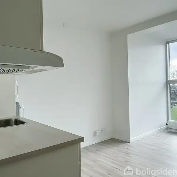 Køkkenbord med vask står i et lyst rum med hvidmalede vægge. Store vinduer på højre side giver udsigt til en græsplæne udenfor.