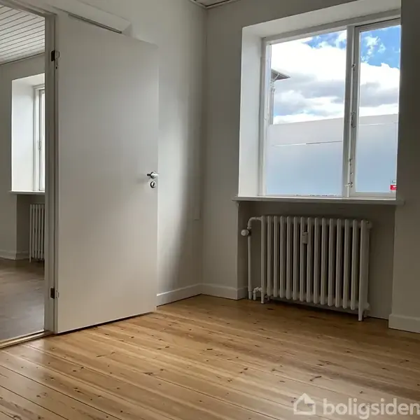Et åbent dør i hvidt rum, hviler mod trægulv. I baggrunden ses en radiator ved et vindue, der giver udsigt til en lysende, halvt overskyet himmel.