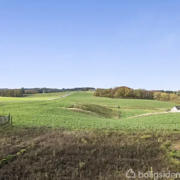 Landskab viser åbne grønne marker i bakket terræn, en vej der snor sig, og træer i baggrunden under en klar blå himmel.