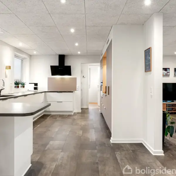 Et moderne køkkenalrum med en grå bordplade, barstol, hvide skabe og en stor, sort emhætte. Store vinduer lader naturligt lys ind, mens stueområdet har en tv-skærm og planter.