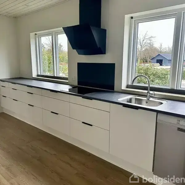 Køkken med hvide skabe langs en væg. En vask med armatur er til højre, under et vindue. Omgivelserne inkluderer et udsyn til en have udenfor.