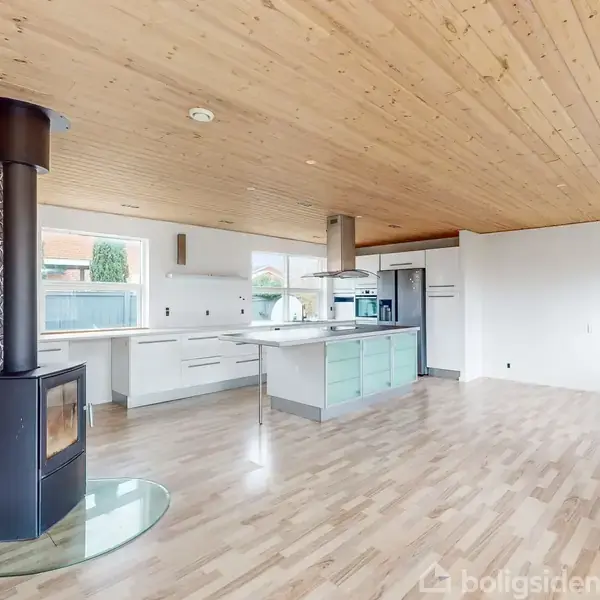 Brændeovn stående i venstre hjørne af et rummeligt moderne køkken med lyst trægulv og -loft. Køkkenet har hvide og grønne skabe samt vinduer, der giver masser af naturligt lys.