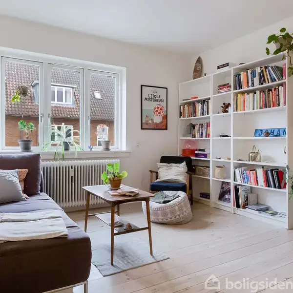 Stue med sofa ved vindue, hvor planter står. Bogreol til højre fyldt med bøger. På væggen hænger en guitar. Plakat: "C'est la meilleure! Medicine DOUCET". Enkel, lys indretning.