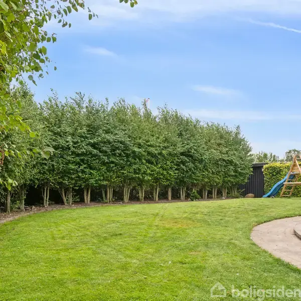Grøn plæne med gyngestativ og rutsjebane; omgivet af høje buske. Til højre ses en flisebelagt terrasse. Klar blå himmel i baggrunden.