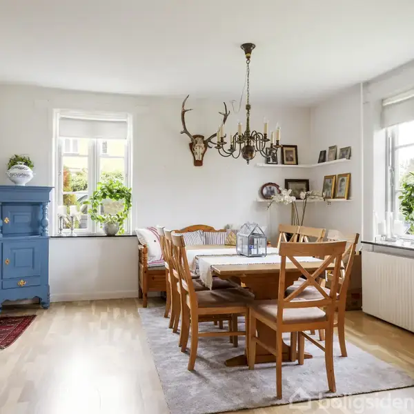 Spisebord står dækket i en spisestue med træstole omkring. Over hænger en lysekrone, og i baggrunden ses møbler, planter i vinduet og vægdekorationer, inklusiv hjortegevir.