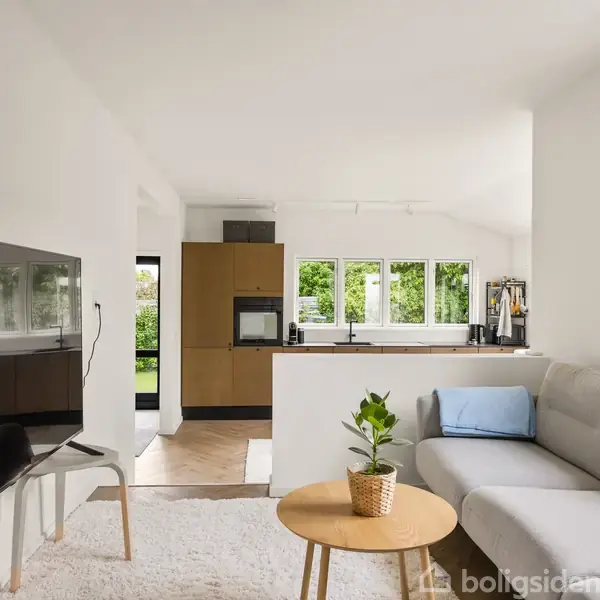 Fladskærms-tv står på et moderne stativ; en beige sofa med blå pude ved siden af lille bord med plante; i baggrunden ses et køkken med store vinduer og grøn udsigt.