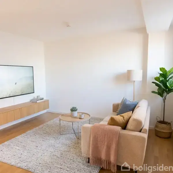 Sofa med puder står i en lys stue, dekoreret med tæppe, runde sofaborde, og en plante. En væghængt skænk og en rektangulær vægkunst ses på væggen.
