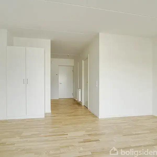 Et tomt, lyst rum med trægulv og hvide vægge. Der er et skab med hvide låger og en gang med flere døre for enden.