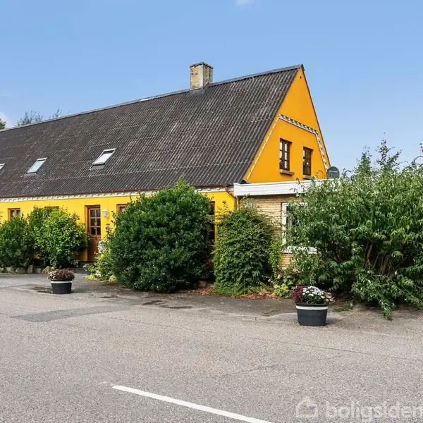 Et gult hus med mørkt tag står omkranset af buske og blomsterkrukker ved en vej. Det har flere vinduer og en skorsten. Der er nogle træer i baggrunden.