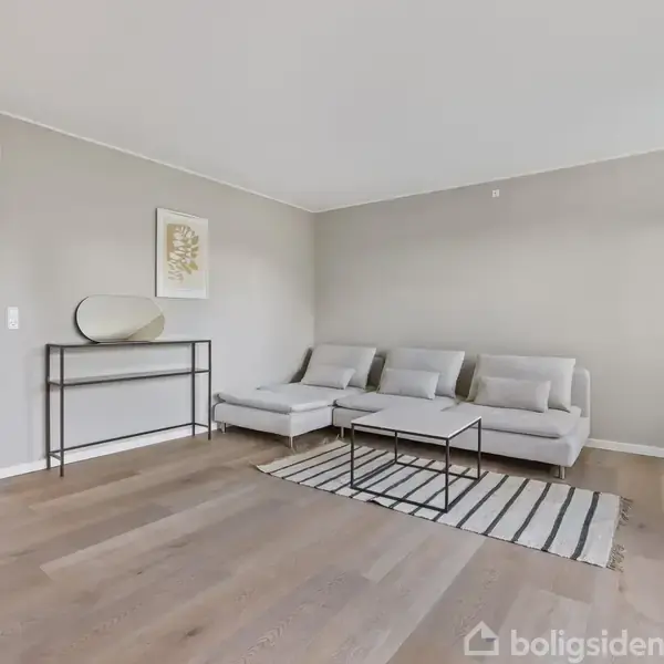 Grå sofa står i en lys stue med trægulv, ved siden af et sort metalbord med dekorationer. En stribet tæppe ligger på gulvet. Åbning fører til balkon.