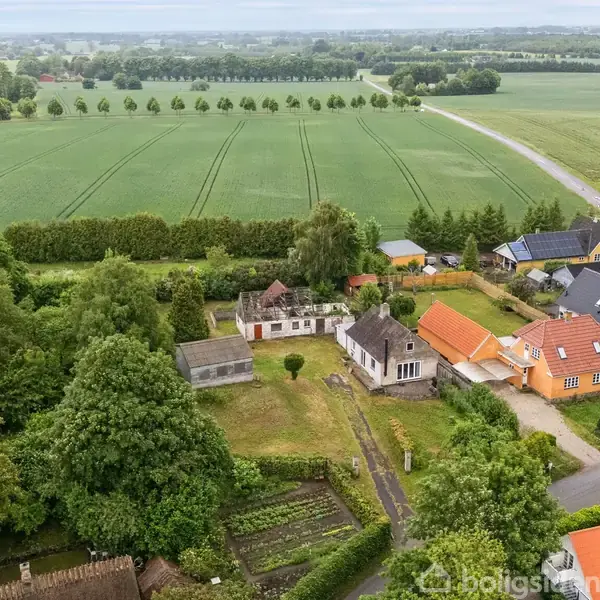 Huse med røde tage står stille i en landlig landsby omgivet af grønne marker og træer. En lang vej strækker sig gennem det frodige landskab.