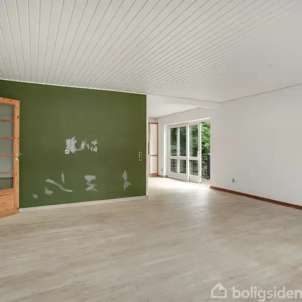 Et tomt stueområde med trægulve og hvidt loft. En grøn væg med pletter markerer kontrast, mens en trædør åbner mod et rum med store vinduer og udsigt til grønne omgivelser.