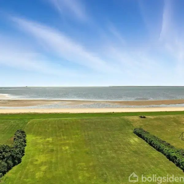 Græsplæne strækker sig mod en bred strandkant med havudsigt. Klitter og buske er synlige langs grænsen mellem græsset og stranden. Horizon blander hav og himmel.