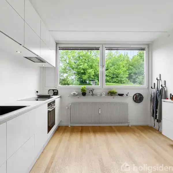 Køkken med hvide skabe og sort vask, uden køkkenbord på venstre side. Store vinduer viser grønne træer udenfor. Moderne indretning med planter og køkkenredskaber på højre side.