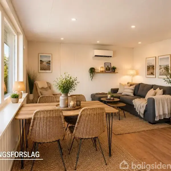 Et hyggeligt stueområde med et træbord og fire fletstole, placeret nær et stort vindue. I baggrunden ses en sofa, planter, og belysning. Tekst: "INDRETNINGSFORSLAG".